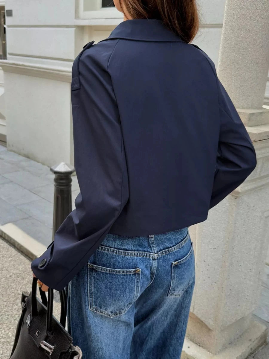 Cropped Double - Breasted Jacket with Raglan Sleeves - 