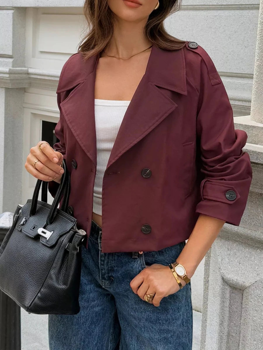 Cropped Double - Breasted Jacket with Raglan Sleeves - 