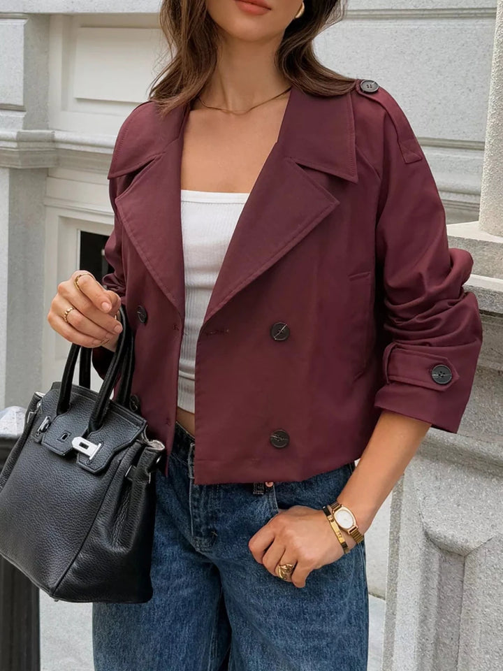 Cropped Double - Breasted Jacket with Raglan Sleeves - 