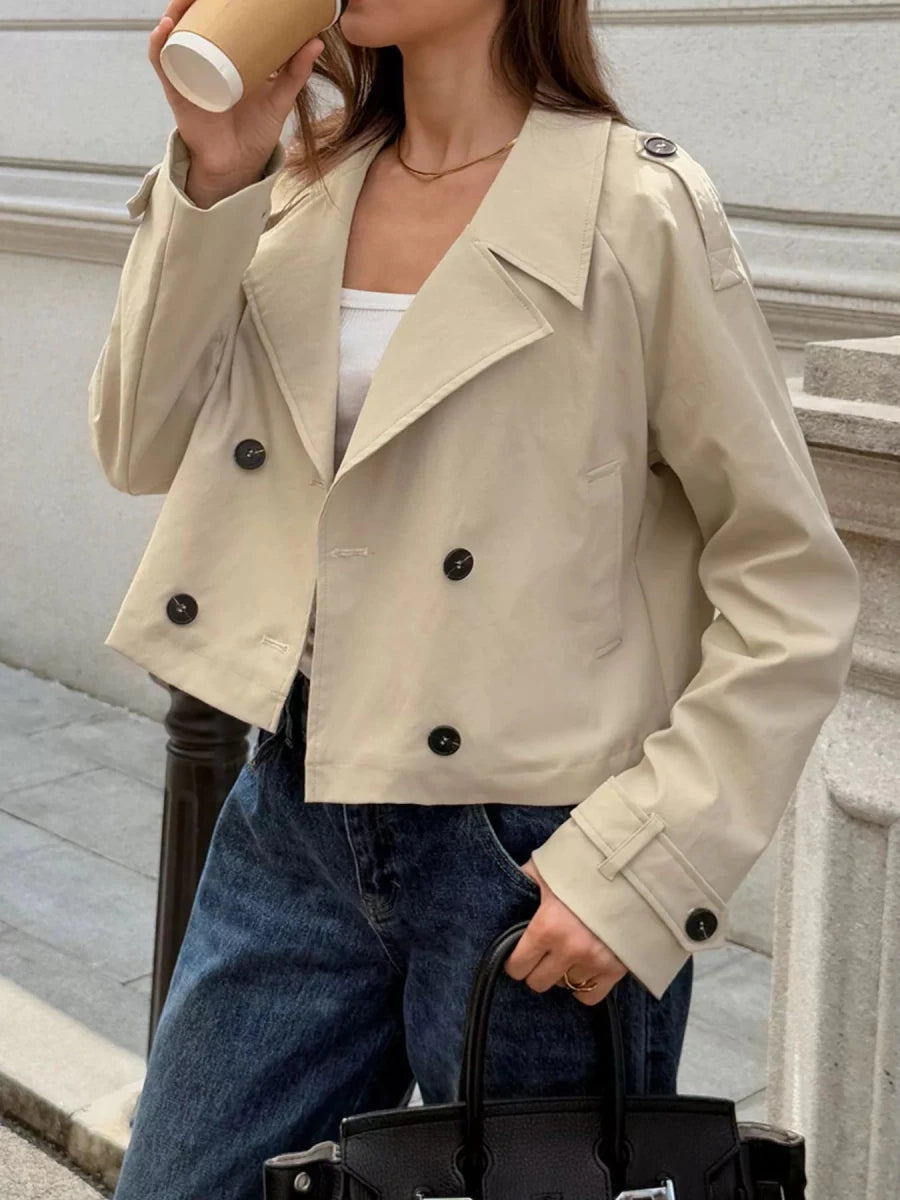 Cropped Double - Breasted Jacket with Raglan Sleeves - 