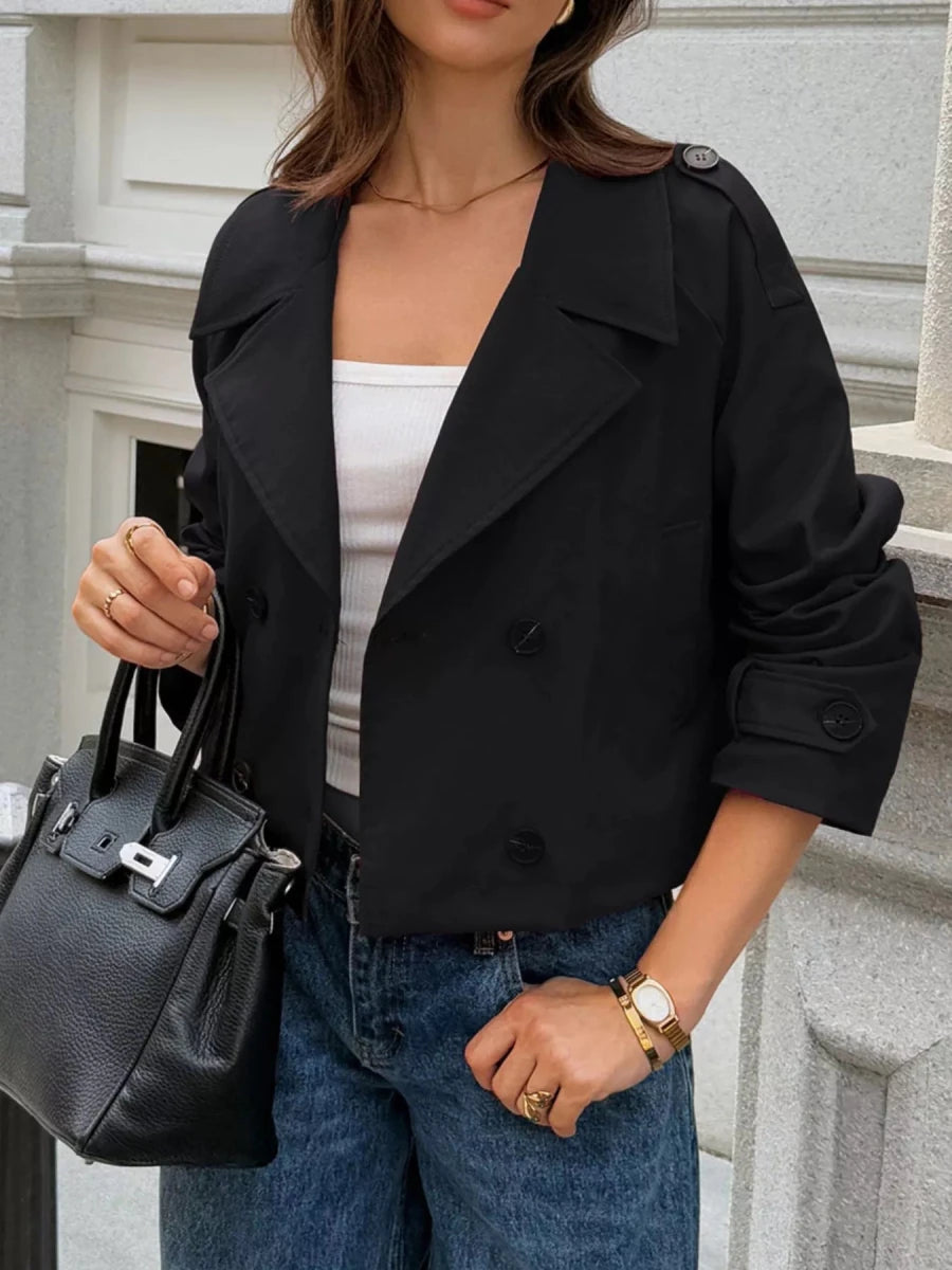 Cropped Double - Breasted Jacket with Raglan Sleeves - 