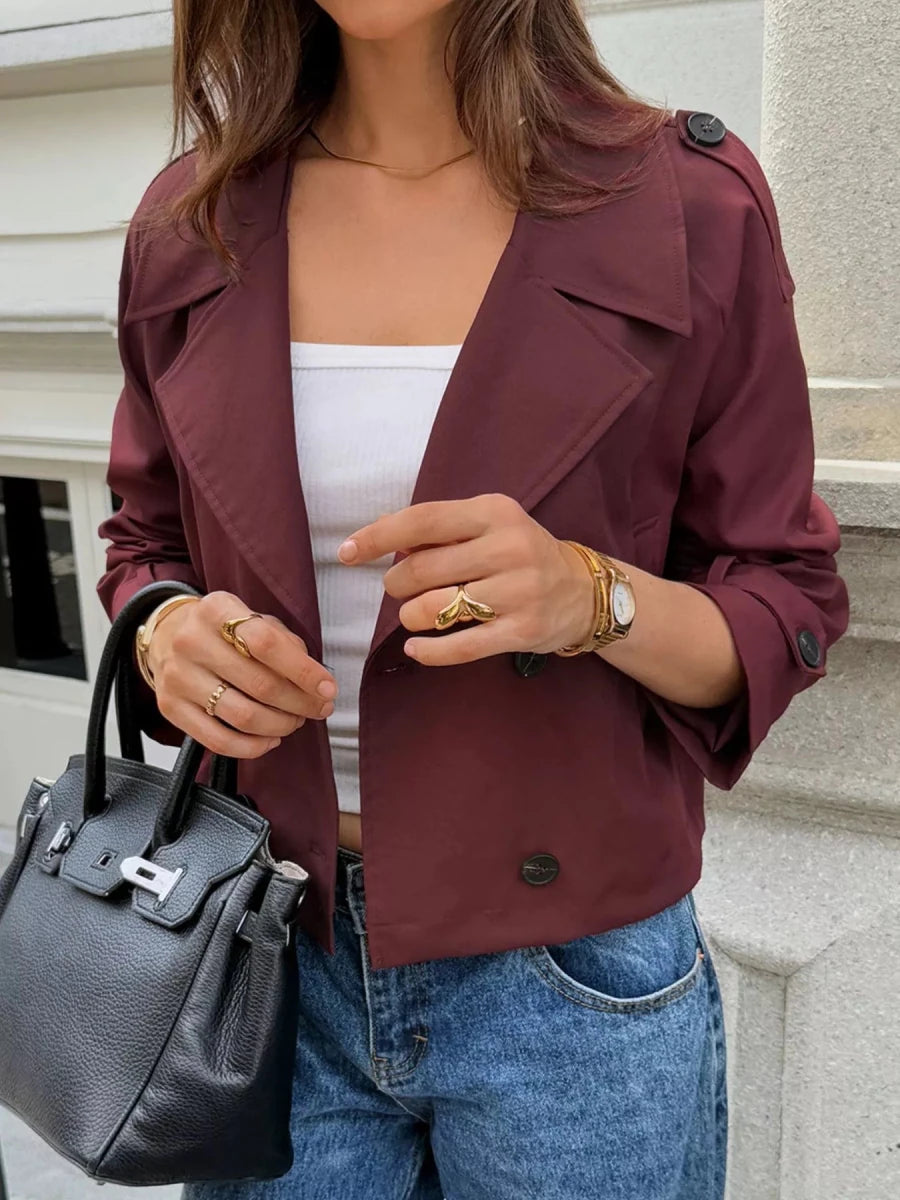 Cropped Double - Breasted Jacket with Raglan Sleeves - 