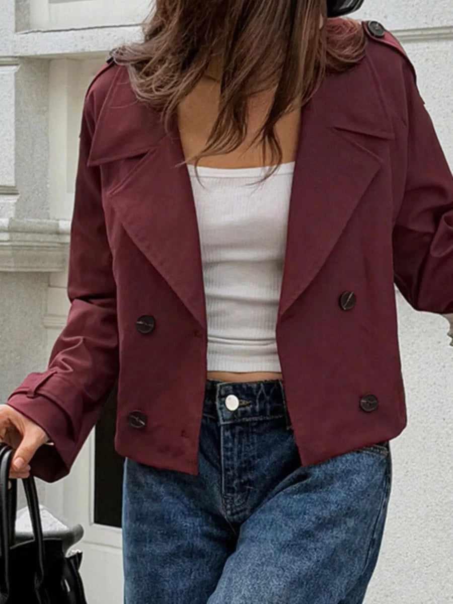 Cropped Double - Breasted Jacket with Raglan Sleeves - 