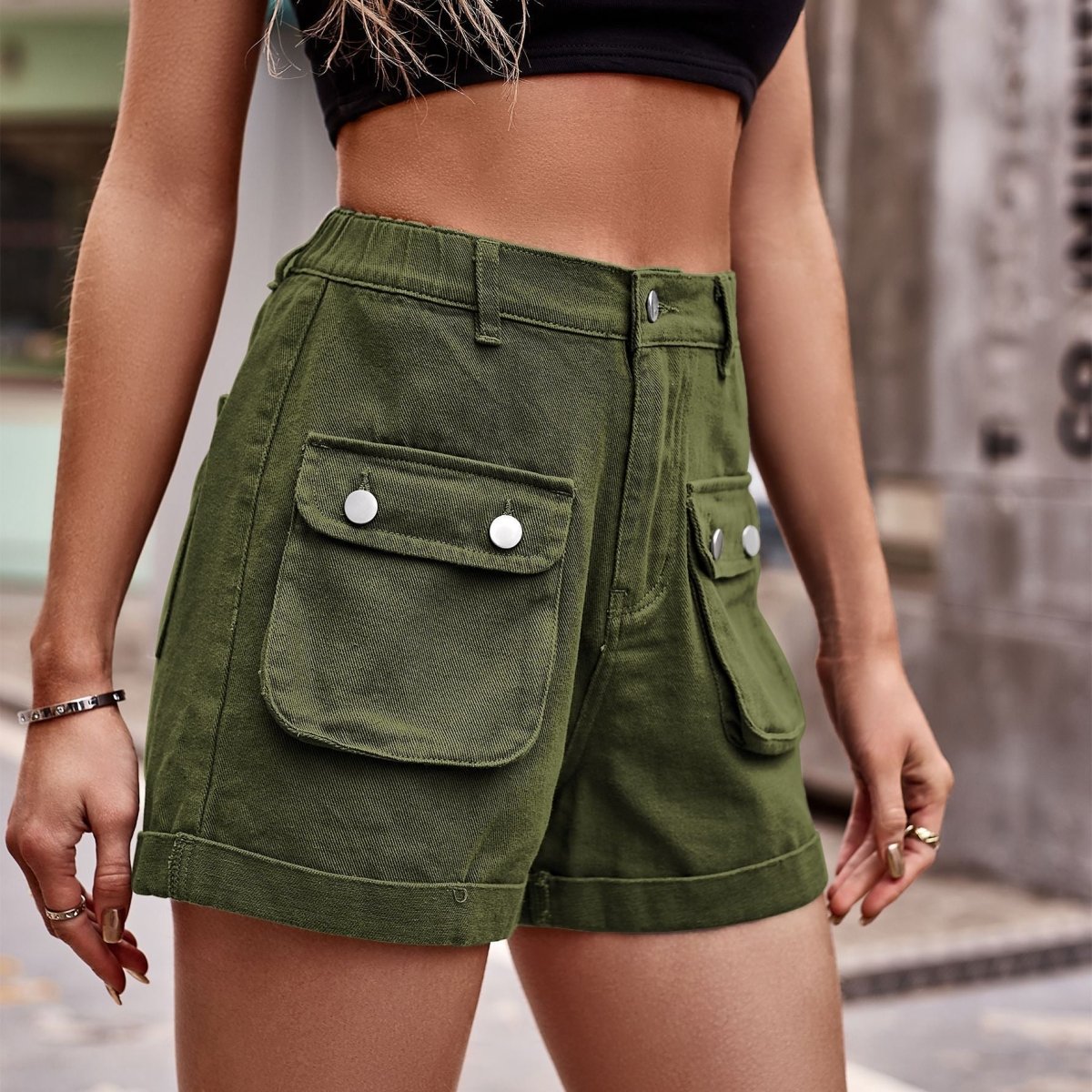 Cuffed Denim Shorts with Pockets - Bottoms