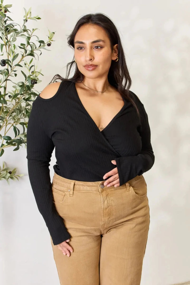 Culture Code Full Size Ribbed Surplice Cold Shoulder Top - 