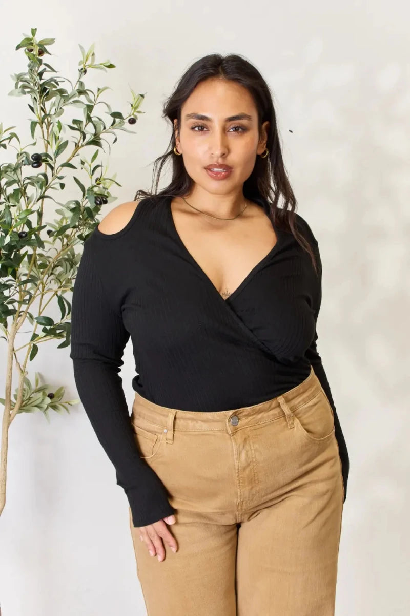 Culture Code Full Size Ribbed Surplice Cold Shoulder Top - 