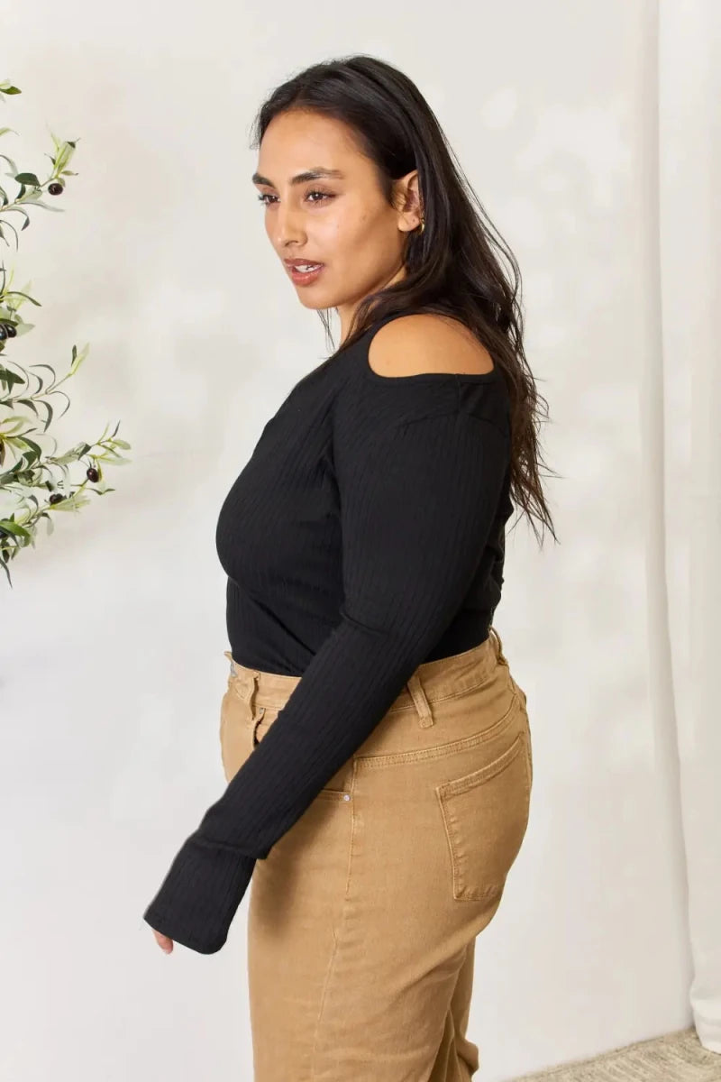 Culture Code Full Size Ribbed Surplice Cold Shoulder Top - 