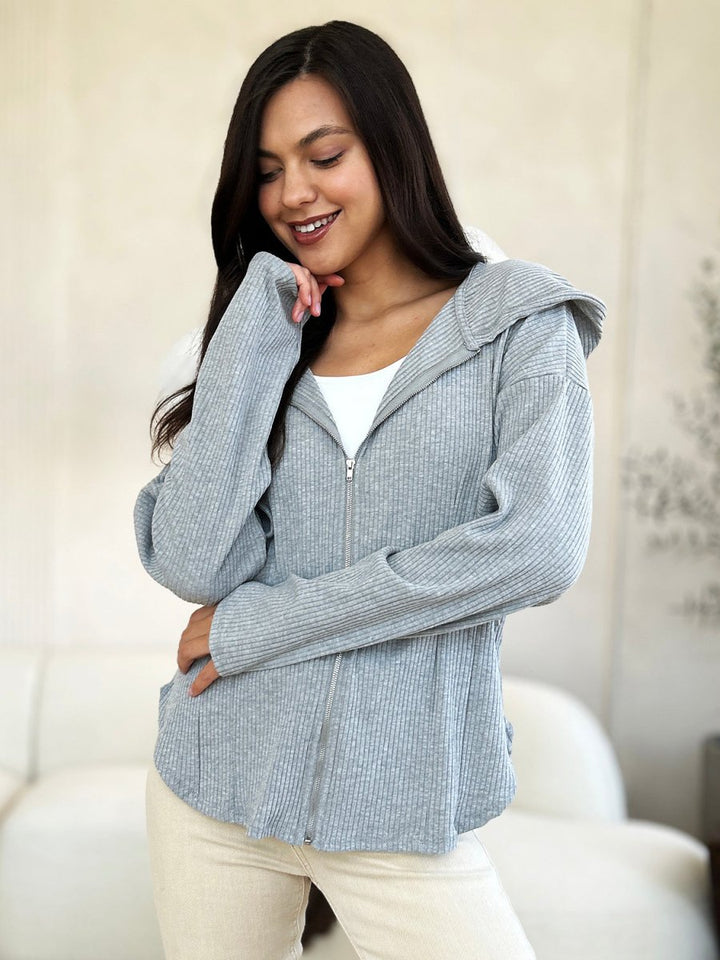 Culture Code Full Size Ribbed Zip Up Drawstring Hooded Jacket - Outerwear