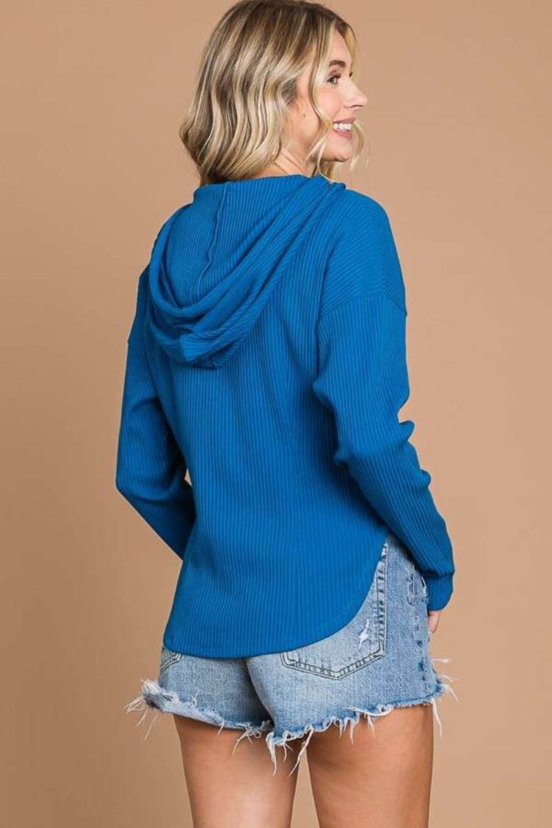 Culture Code Full Size Ribbed Zip Up Drawstring Hooded Jacket - Outerwear