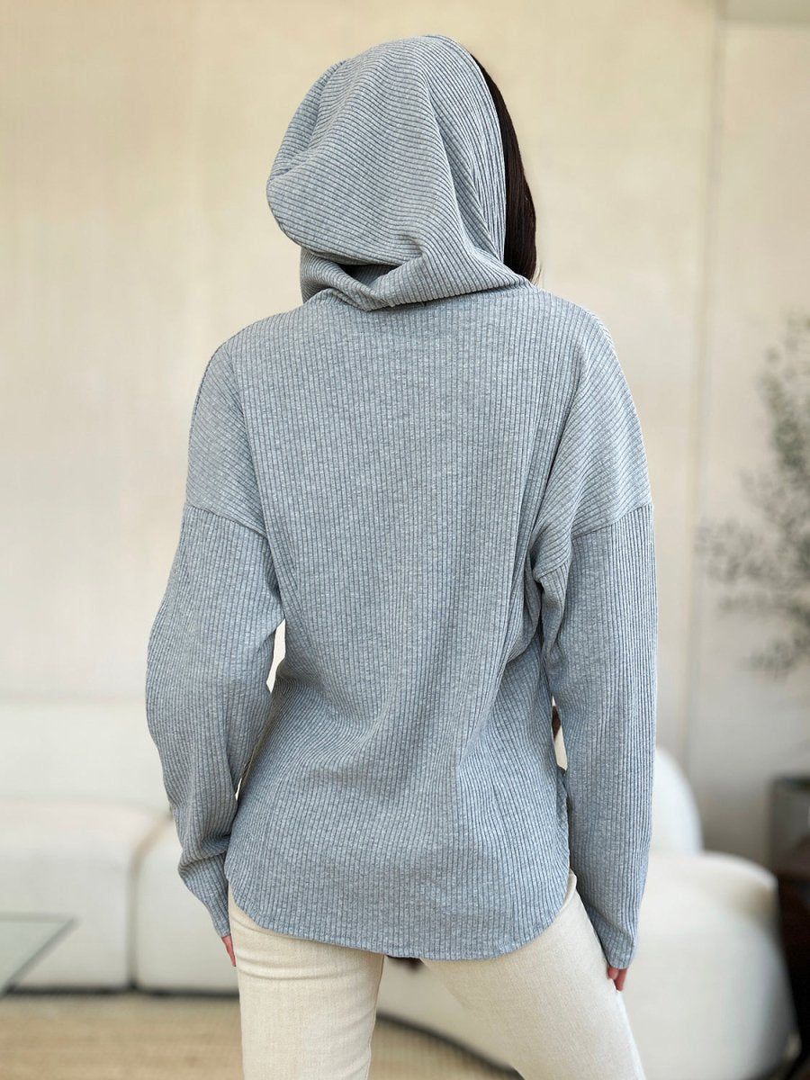 Culture Code Full Size Ribbed Zip Up Drawstring Hooded Jacket - Outerwear