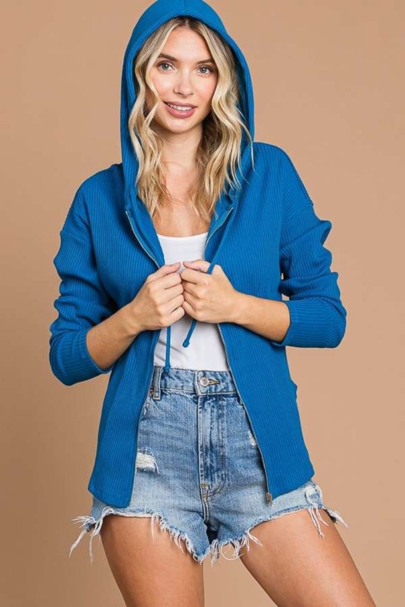 Culture Code Full Size Ribbed Zip Up Drawstring Hooded Jacket - Outerwear