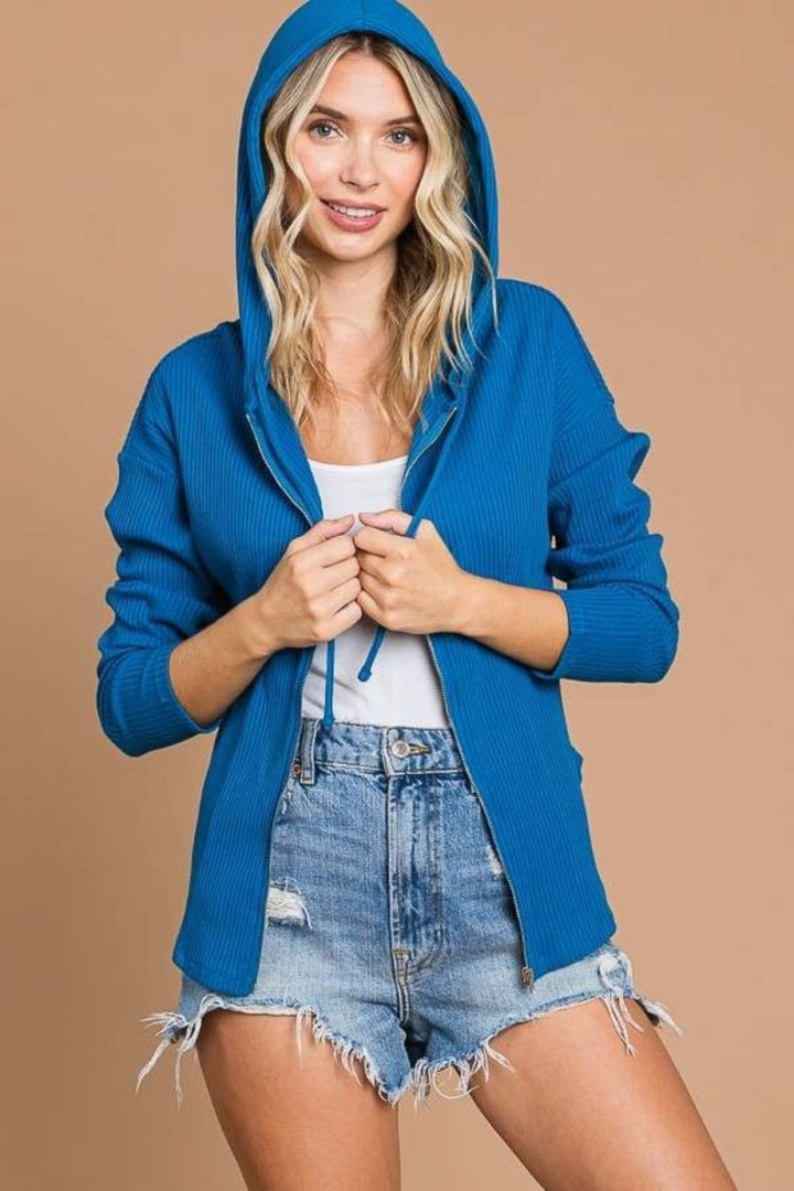 Culture Code Full Size Ribbed Zip Up Drawstring Hooded Jacket - Outerwear