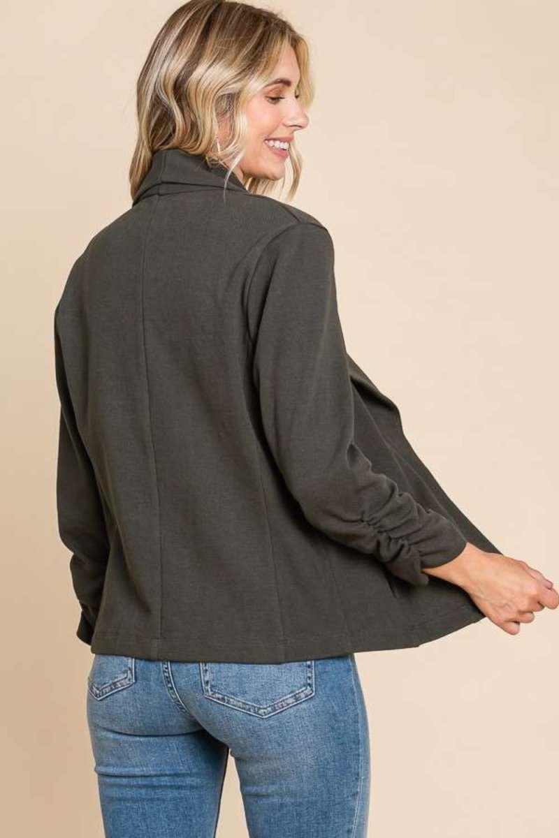 Culture Code Full Size Ruched Open Front Long Sleeve Jacket - Outerwear