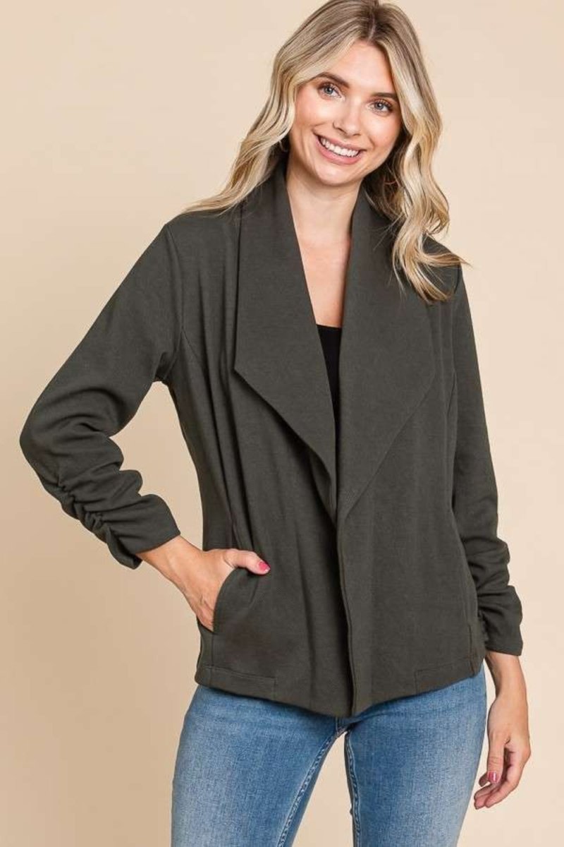 Culture Code Full Size Ruched Open Front Long Sleeve Jacket - Outerwear