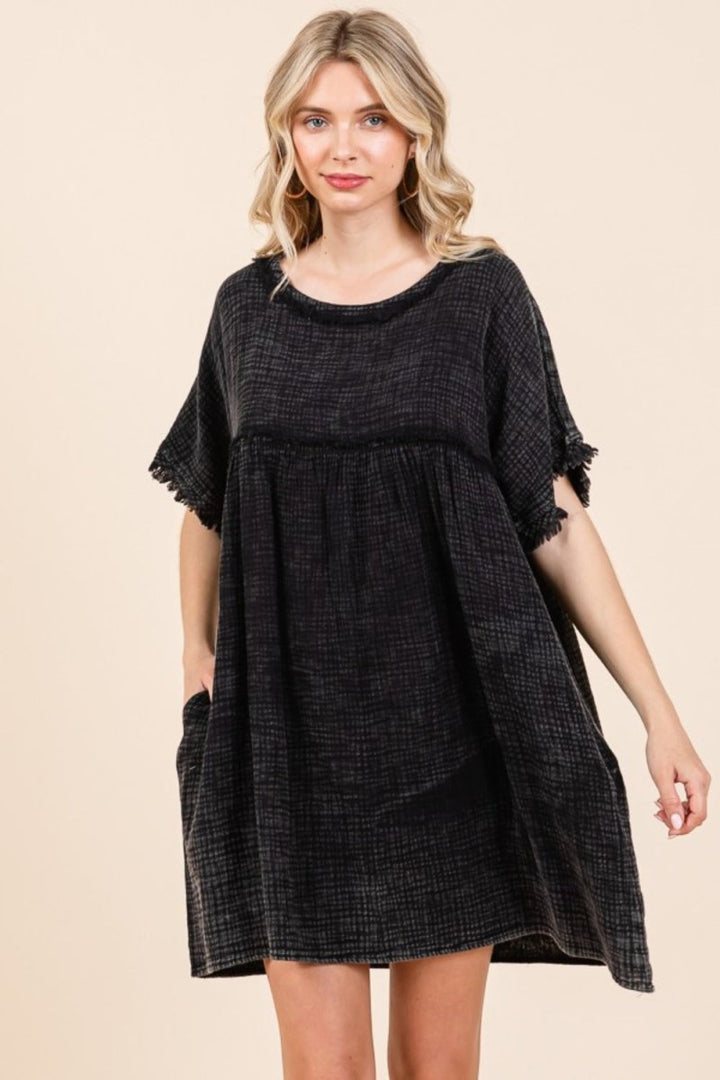 Culture Code Full Size Short Sleeve Babydoll Texture Dress with Pockets - Casual Dress