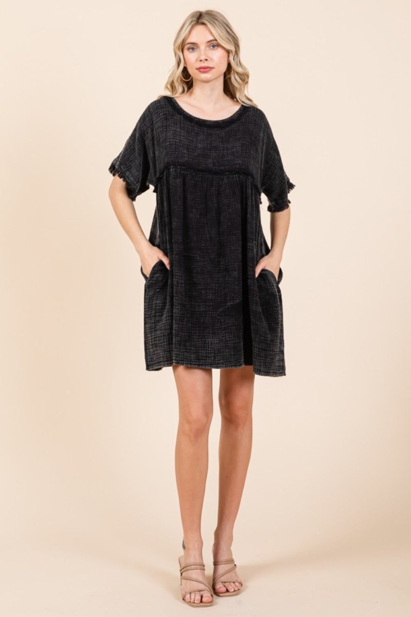 Culture Code Full Size Short Sleeve Babydoll Texture Dress with Pockets - Casual Dress