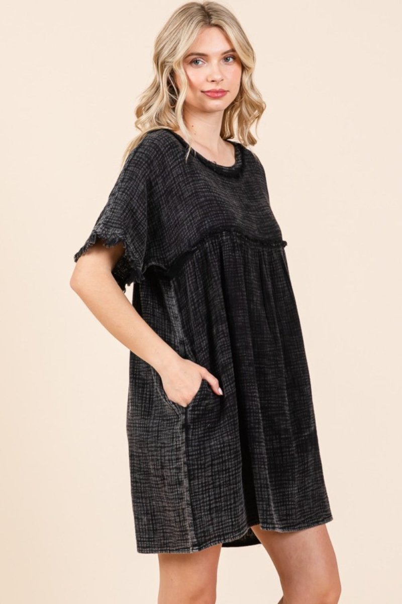 Culture Code Full Size Short Sleeve Babydoll Texture Dress with Pockets - Casual Dress