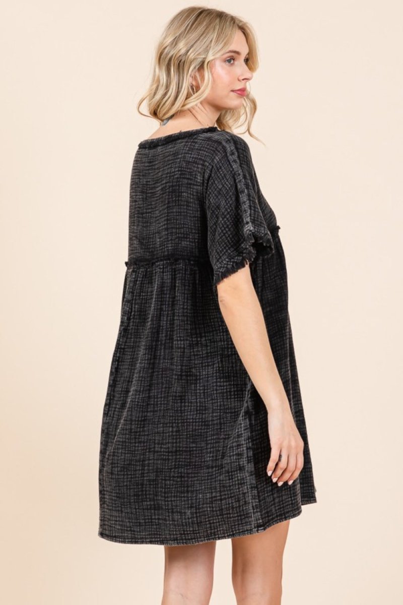 Culture Code Full Size Short Sleeve Babydoll Texture Dress with Pockets - Casual Dress