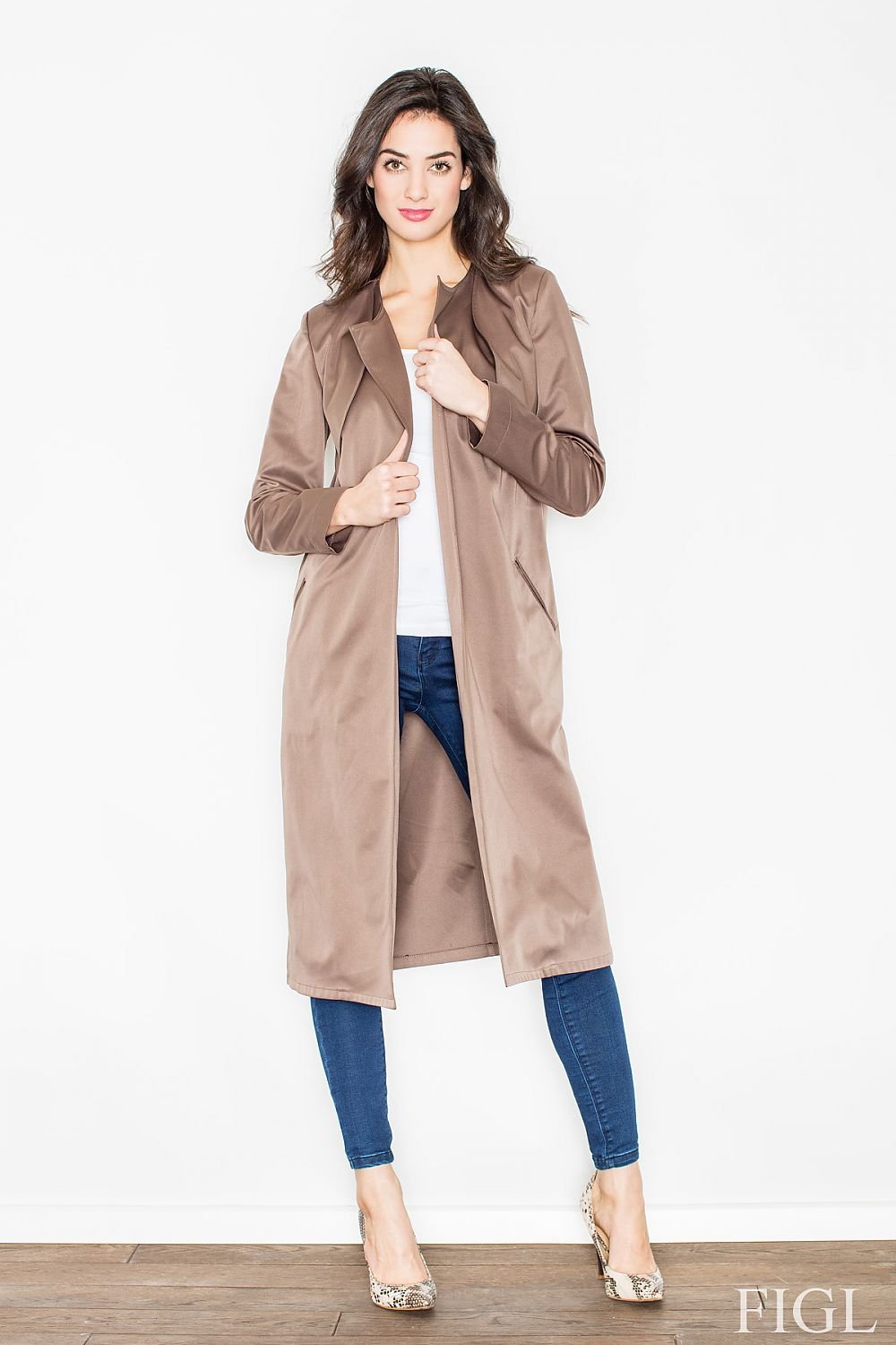 Elegant Unbuttoned Coat with Feminine Cut & Front Pockets by Figl