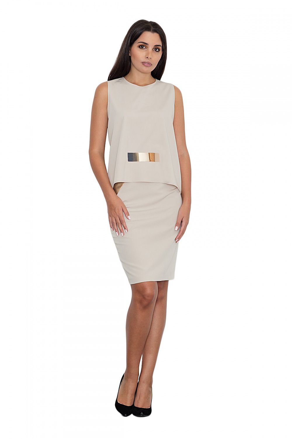 Elegant Blouse and Skirt Set with Gold Accents & Eco-Leather Inserts – Chic for Day or Evening