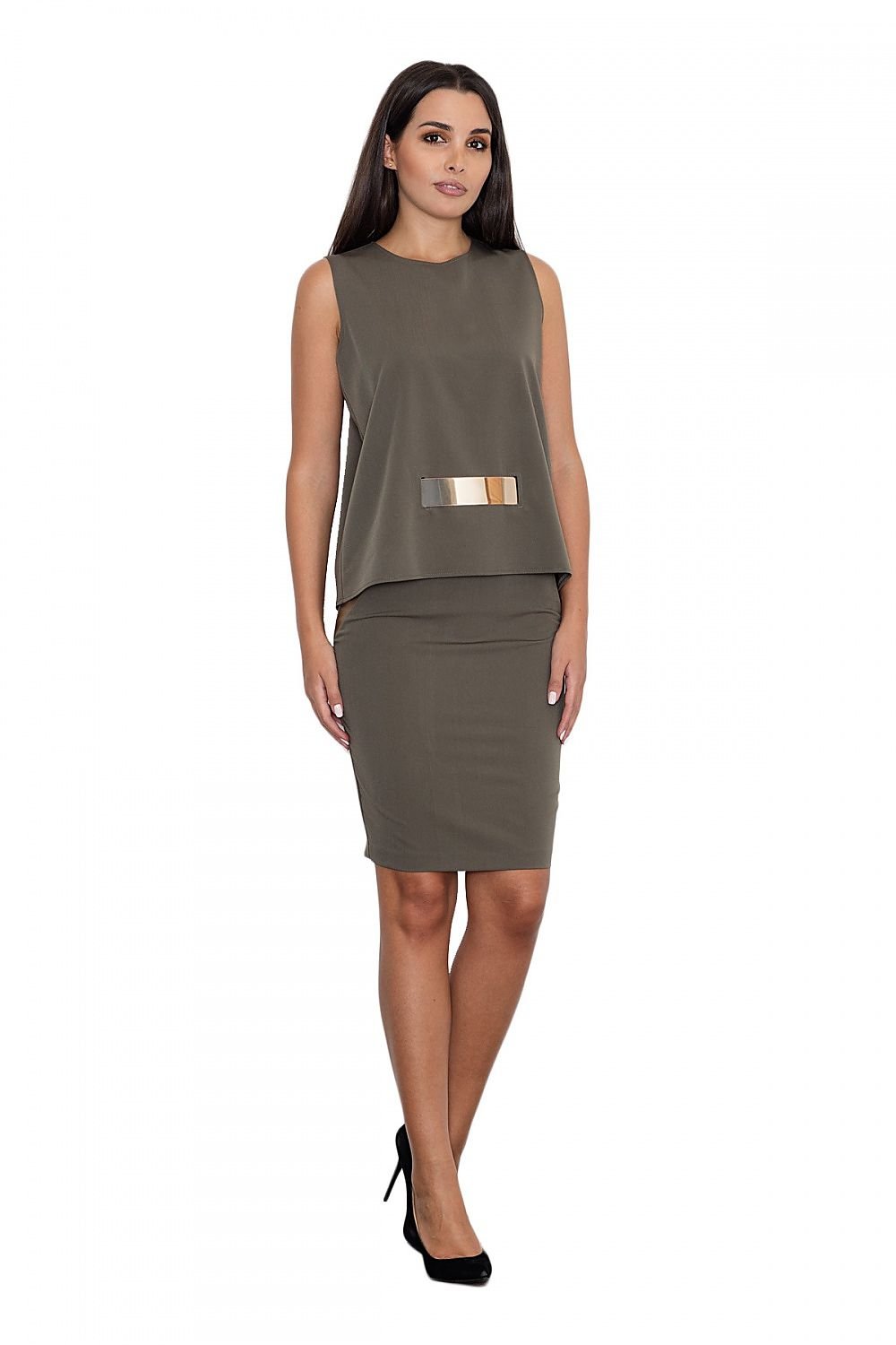 Elegant Blouse and Skirt Set with Gold Accents & Eco-Leather Inserts – Chic for Day or Evening