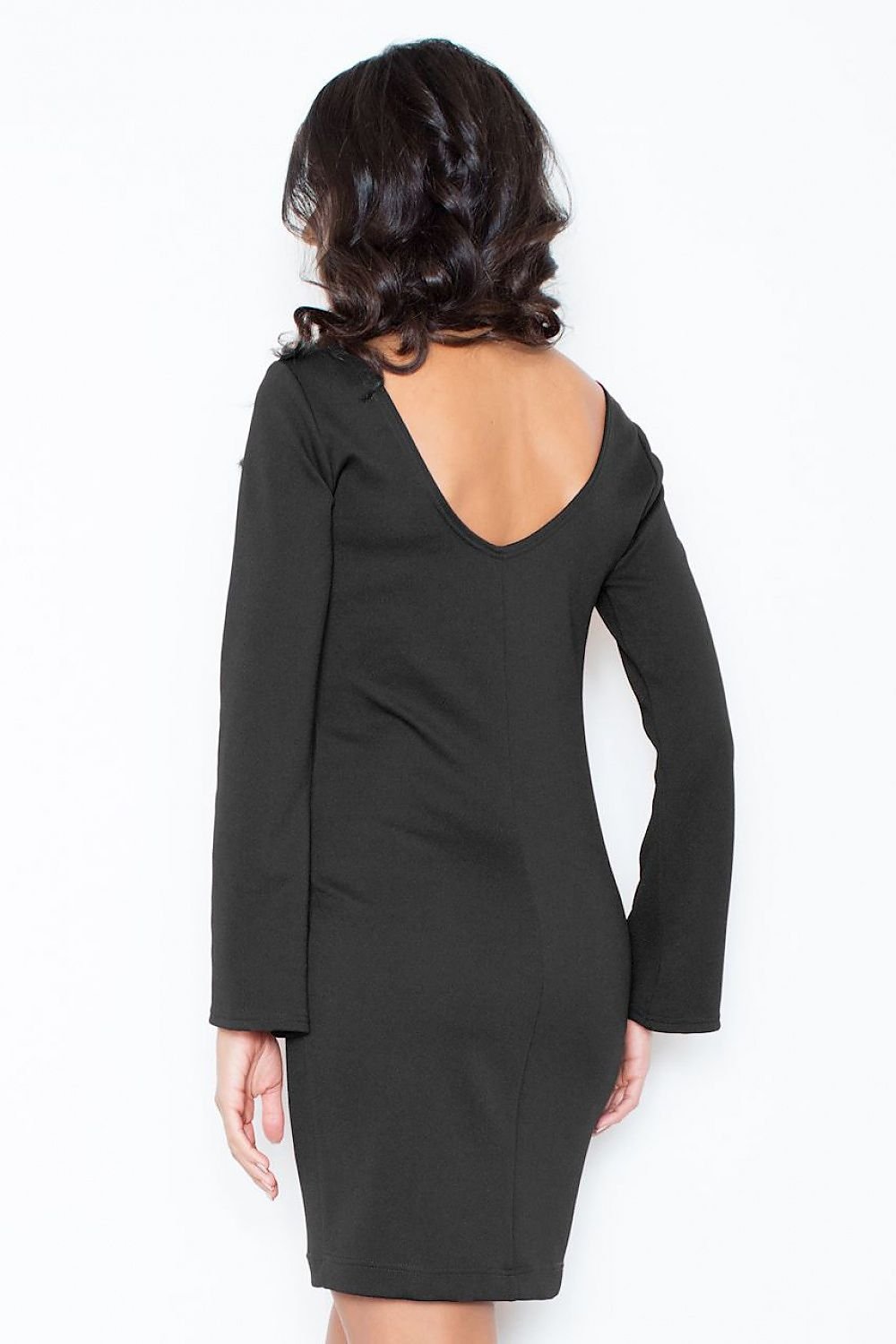 Elegant Dress with Long Flared Sleeves & Striking V-Back Neckline