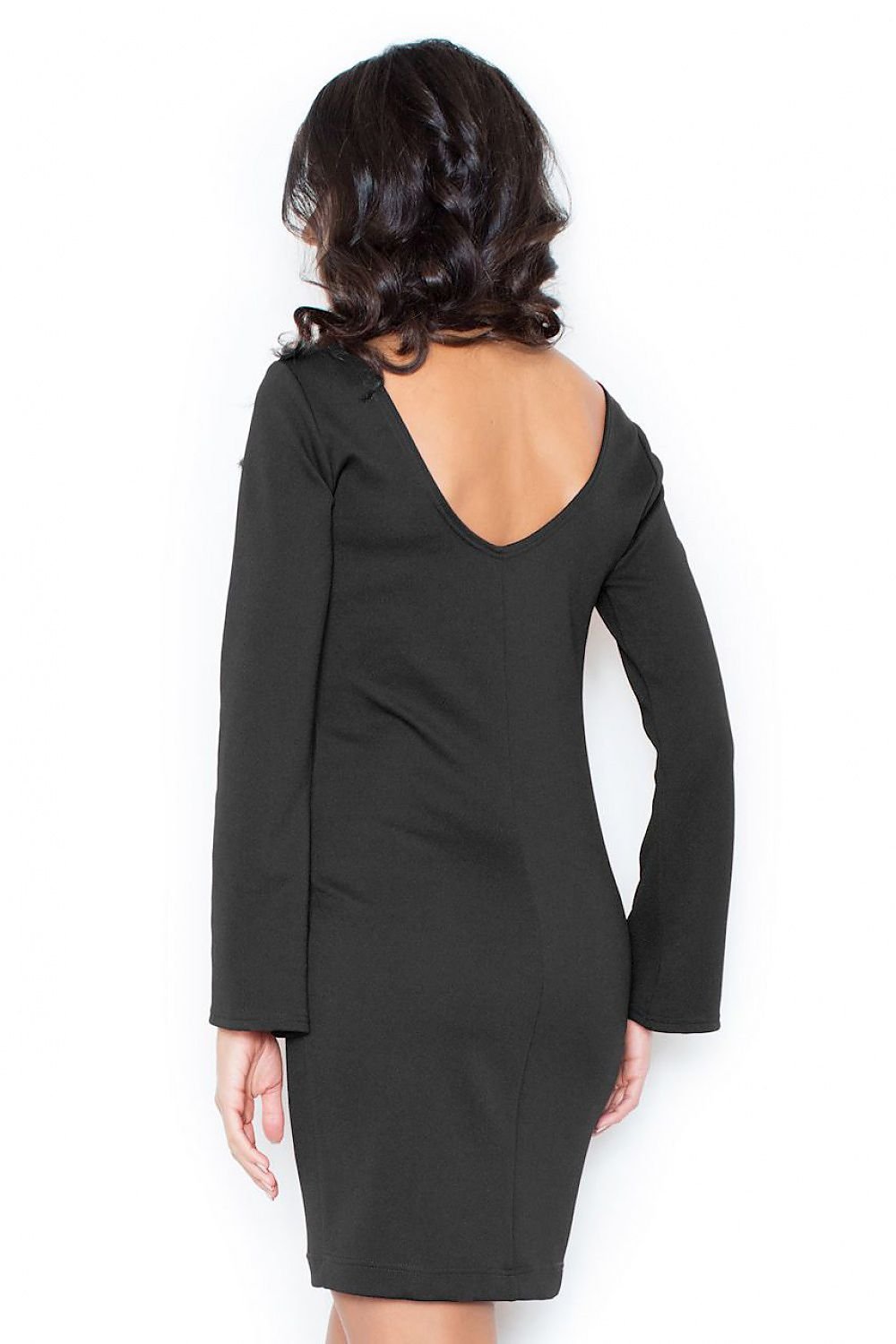 Elegant Dress with Long Flared Sleeves & Striking V-Back Neckline