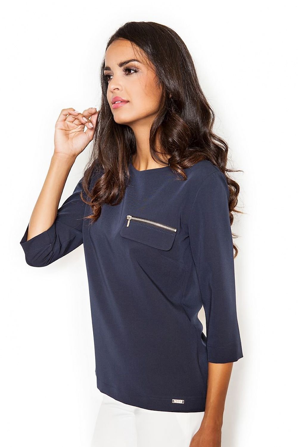 Loose-Fit 3/4 Sleeve Blouse with Boat Neckline & Decorative Zipper Pocket