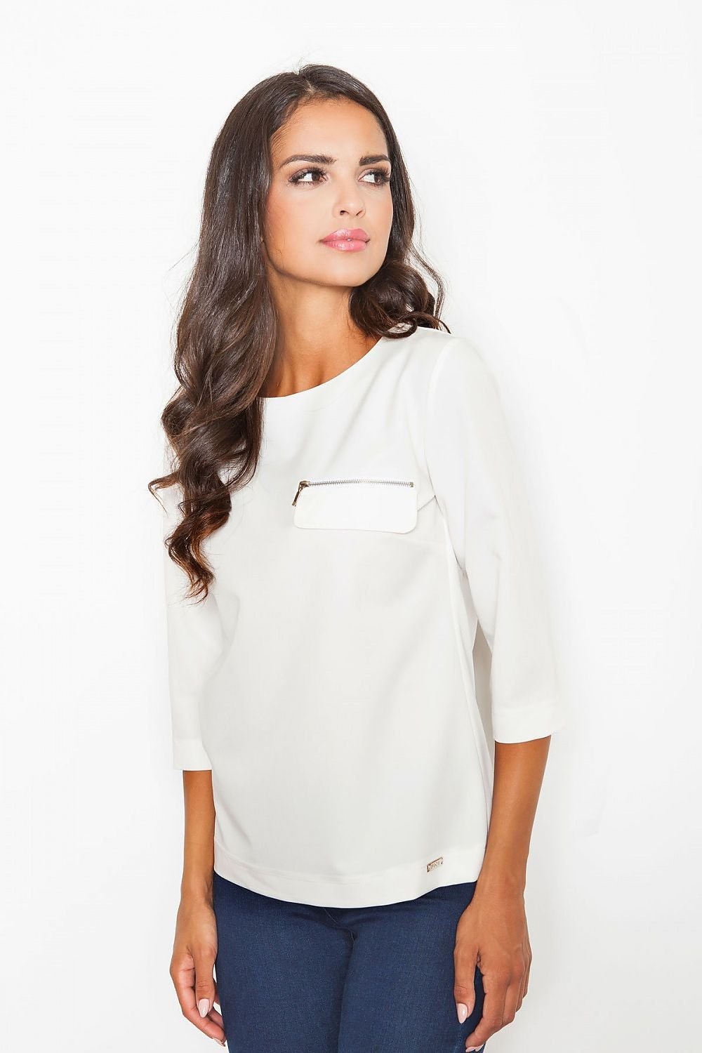 Loose-Fit 3/4 Sleeve Blouse with Boat Neckline & Decorative Zipper Pocket