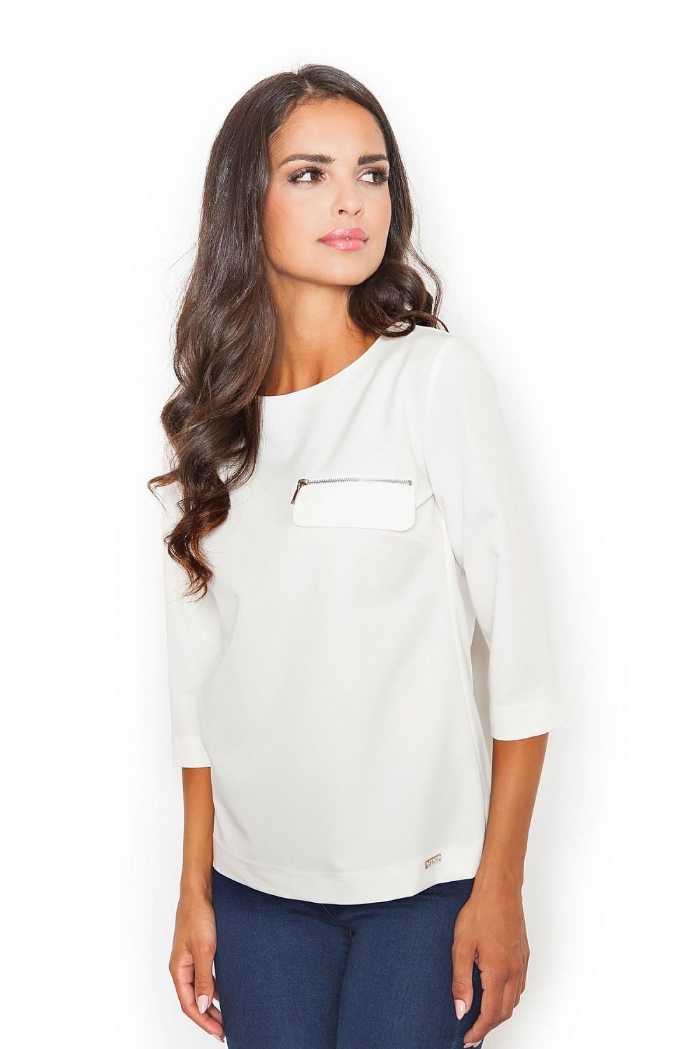 Loose-Fit 3/4 Sleeve Blouse with Boat Neckline & Decorative Zipper Pocket