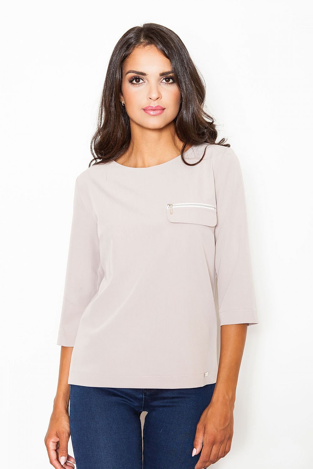 Loose-Fit 3/4 Sleeve Blouse with Boat Neckline & Decorative Zipper Pocket