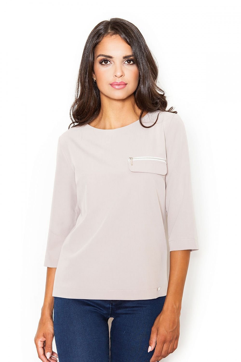 Loose-Fit 3/4 Sleeve Blouse with Boat Neckline & Decorative Zipper Pocket