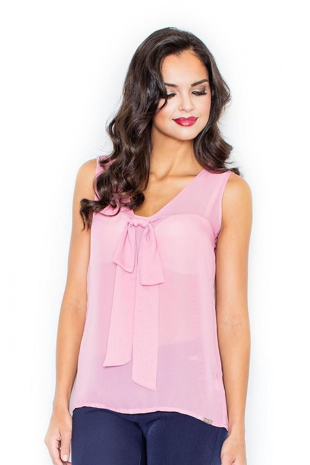 Airy Sleeveless Blouse with Half-Round Neckline & Impressive Tie Detail