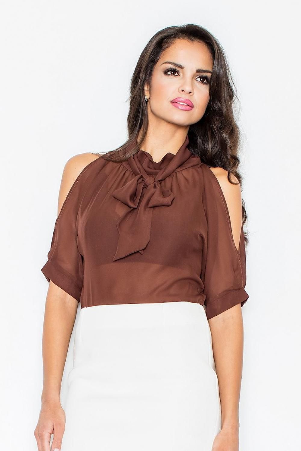 3/4 Sleeve Blouse with Shoulder Cut-Outs & Decorative Neck Tie