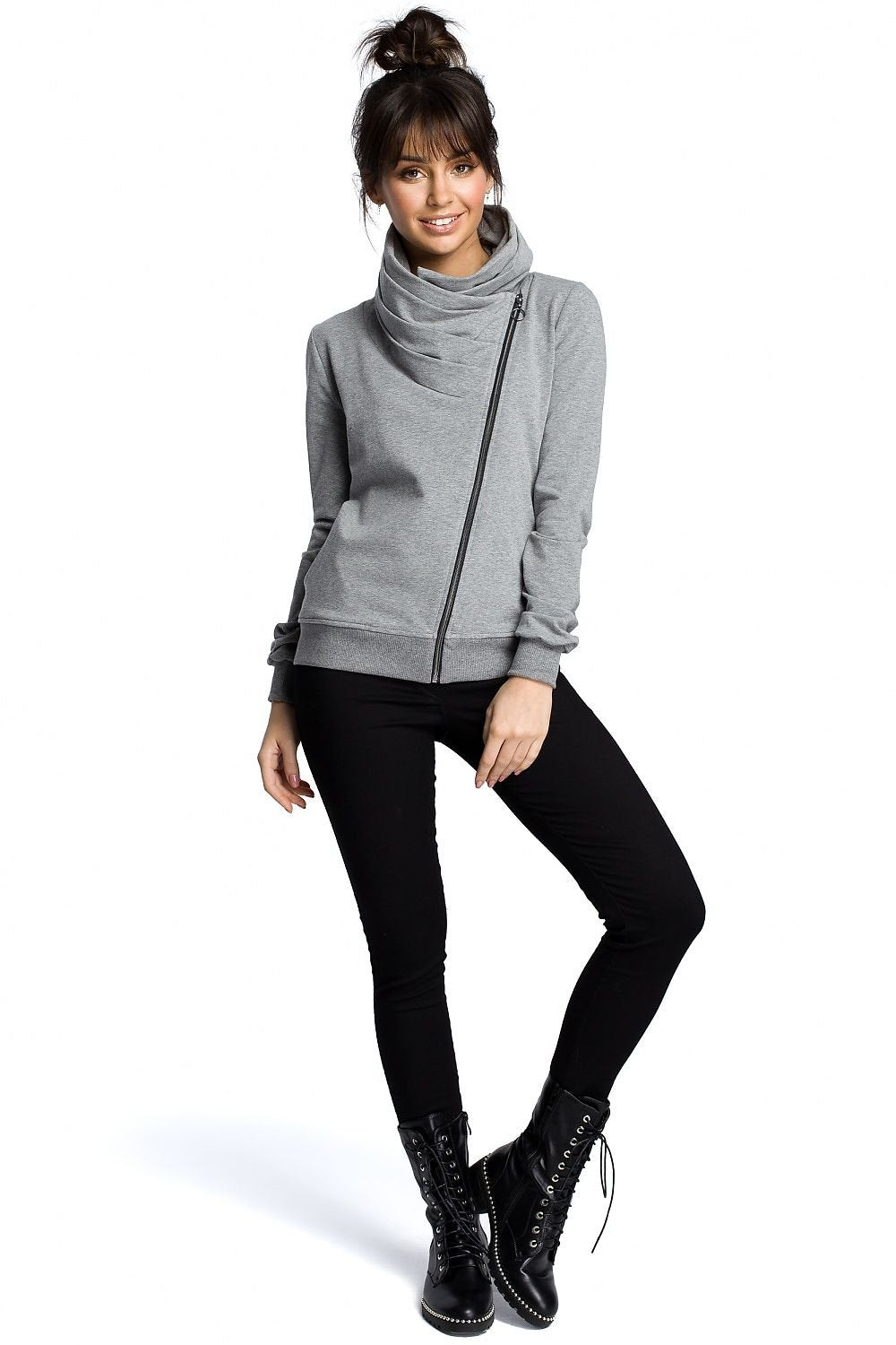 Everyday Sporty Sweatshirt with High Collar & Diagonal Zipper – Cozy & Versatile