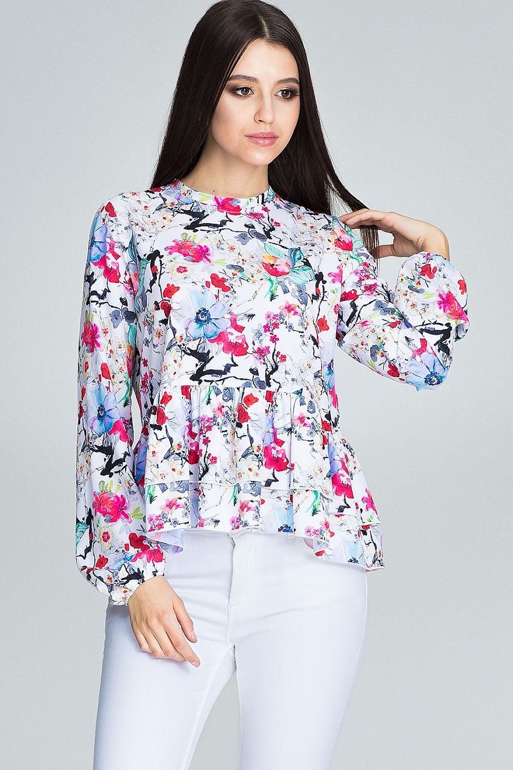 Floral Loose-Fit Blouse with Ruffled Sleeves & Stand-Up Collar – Perfect for Trousers or Skirts