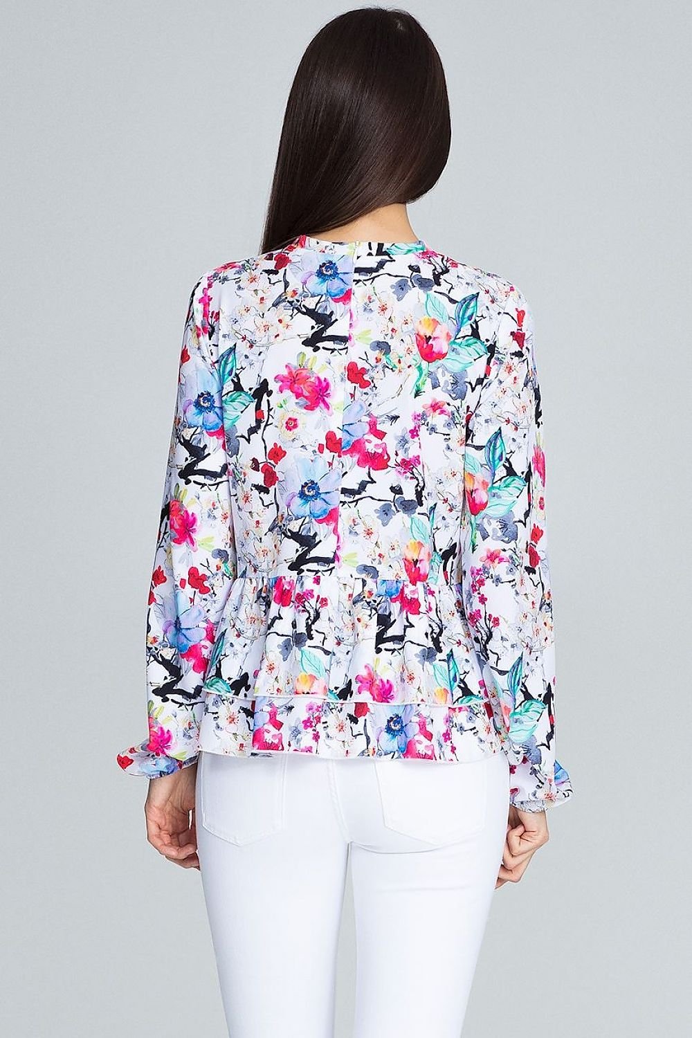 Floral Loose-Fit Blouse with Ruffled Sleeves & Stand-Up Collar – Perfect for Trousers or Skirts