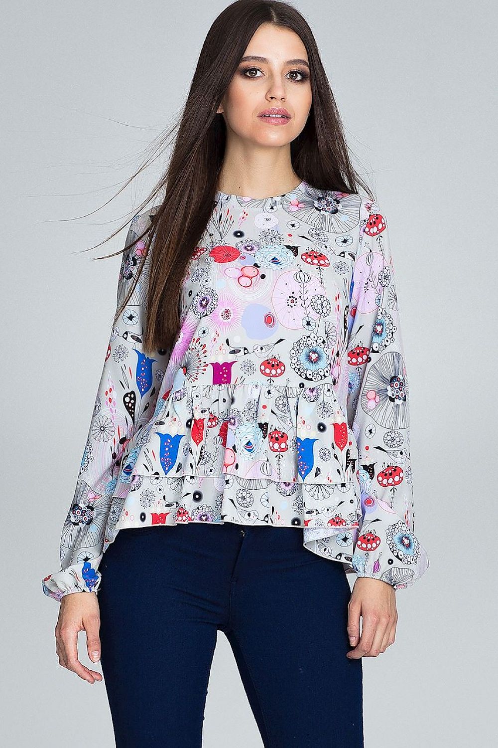 Floral Loose-Fit Blouse with Ruffled Sleeves & Stand-Up Collar – Perfect for Trousers or Skirts