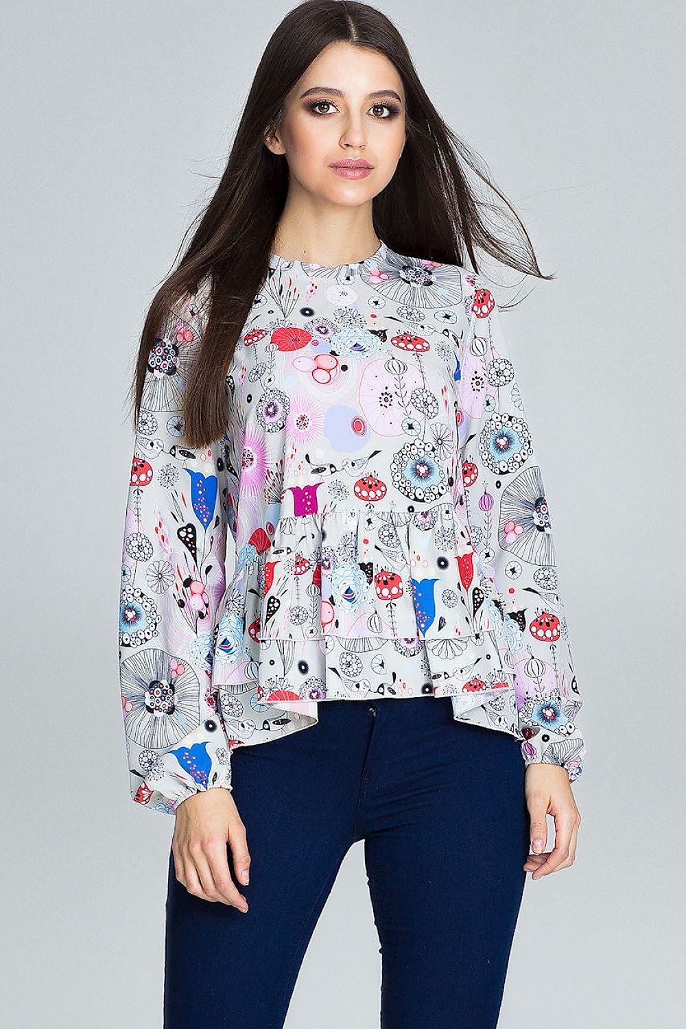 Floral Loose-Fit Blouse with Ruffled Sleeves & Stand-Up Collar – Perfect for Trousers or Skirts