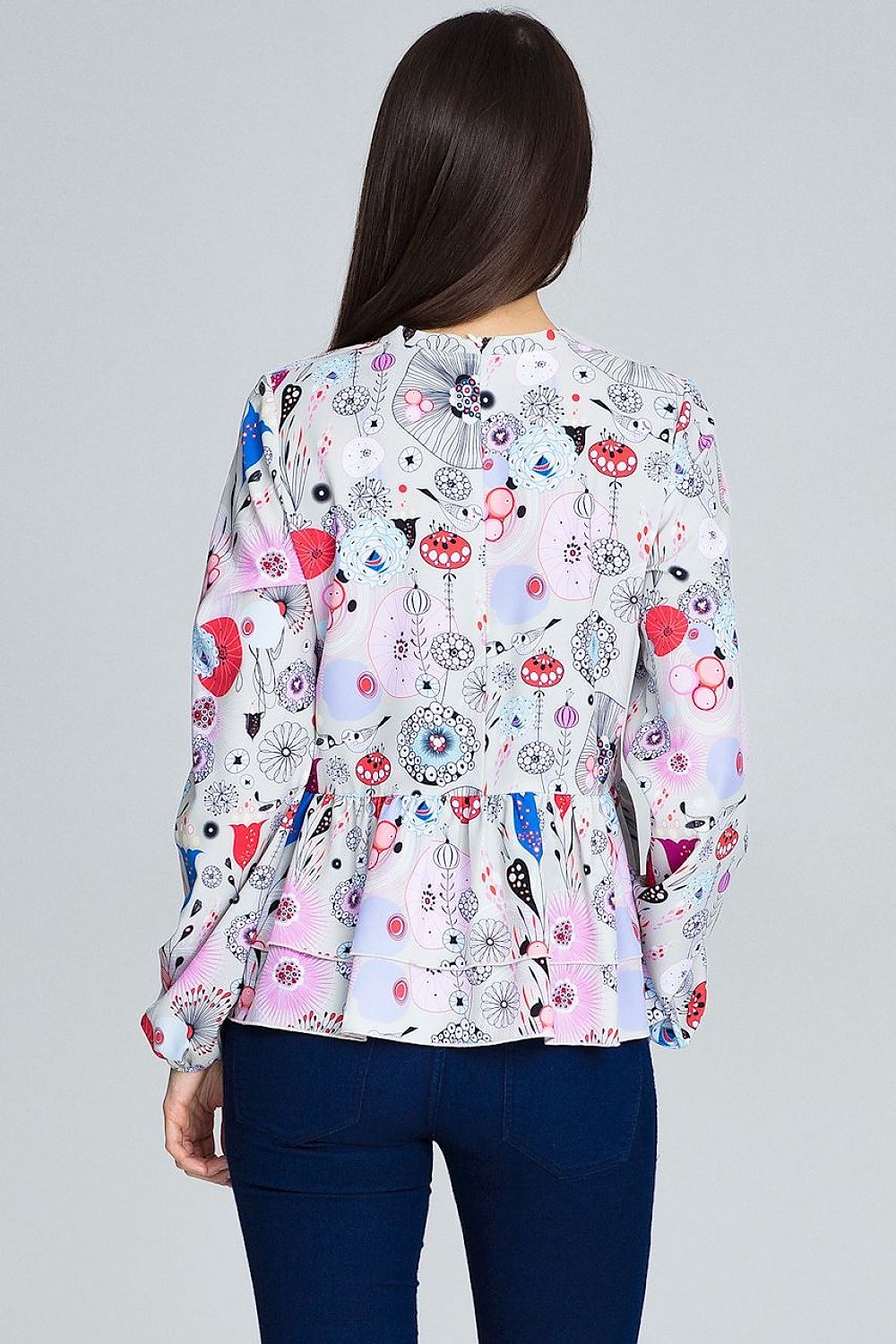 Floral Loose-Fit Blouse with Ruffled Sleeves & Stand-Up Collar – Perfect for Trousers or Skirts