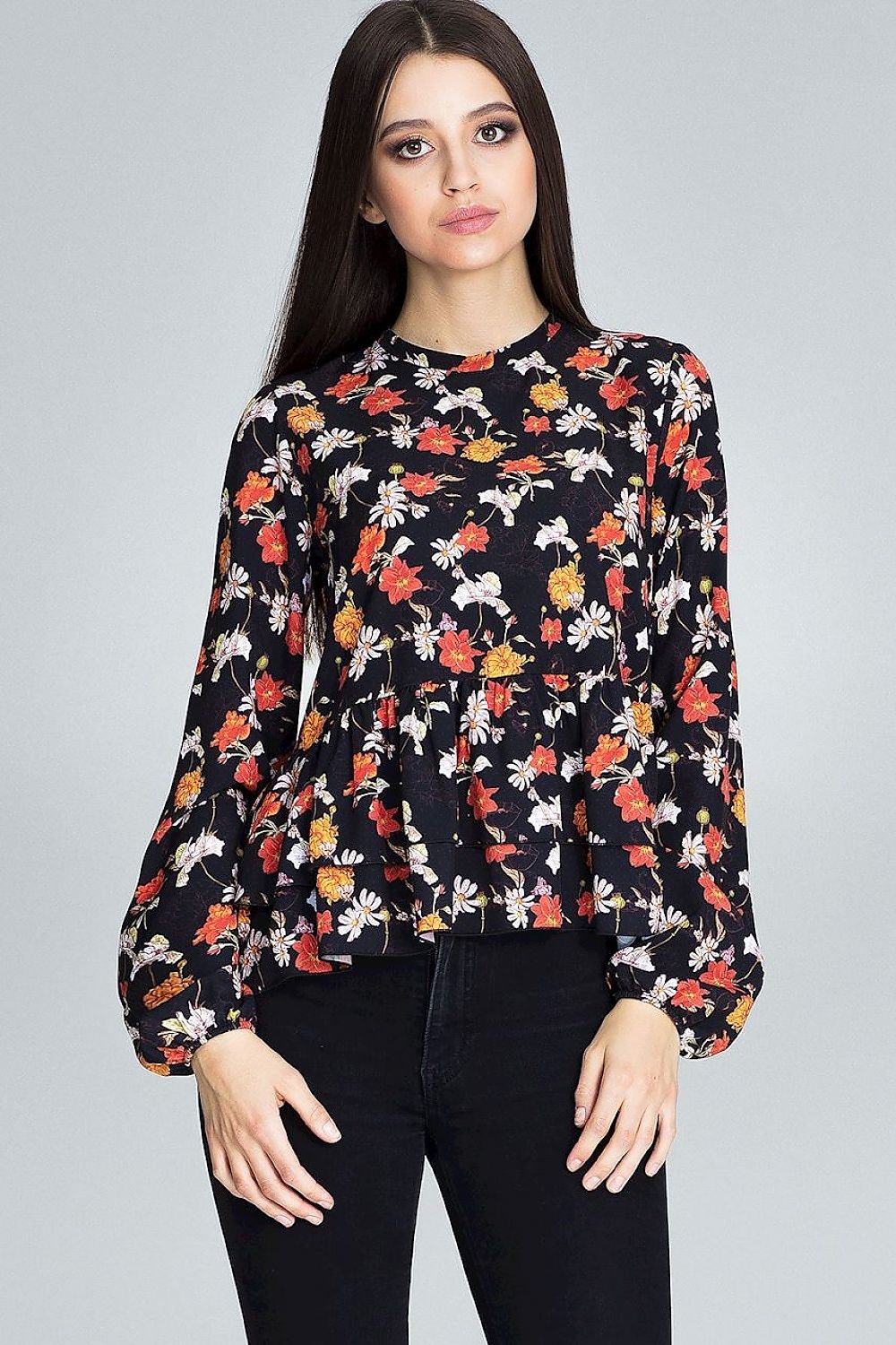 Floral Loose-Fit Blouse with Ruffled Sleeves & Stand-Up Collar – Perfect for Trousers or Skirts