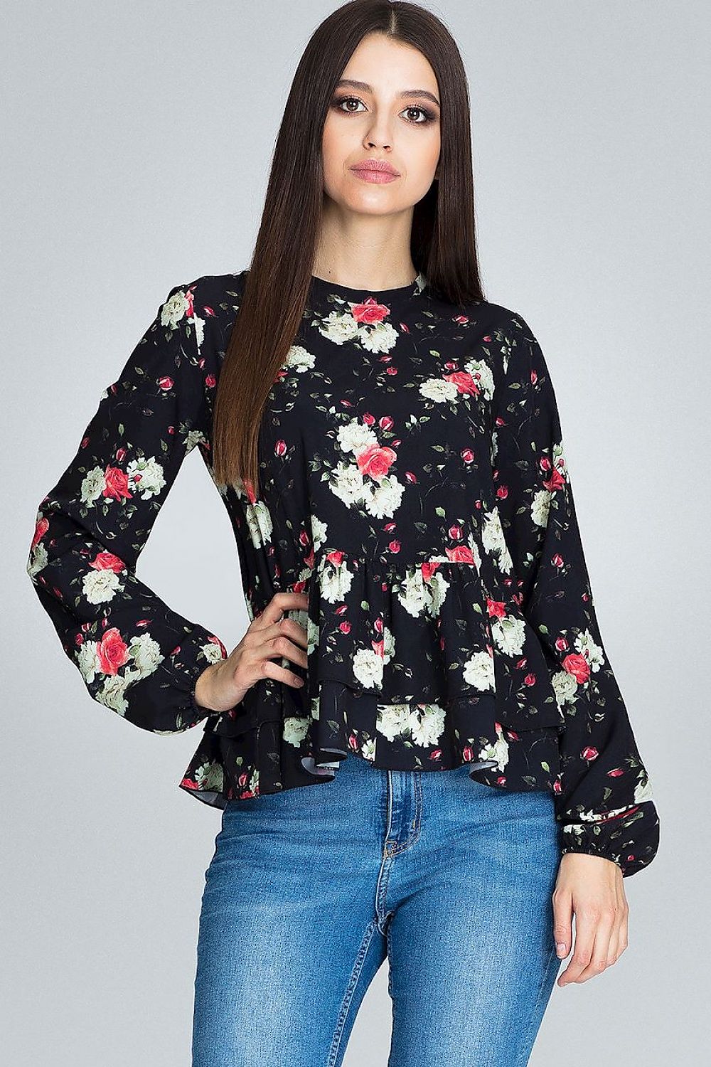 Floral Loose-Fit Blouse with Ruffled Sleeves & Stand-Up Collar – Perfect for Trousers or Skirts