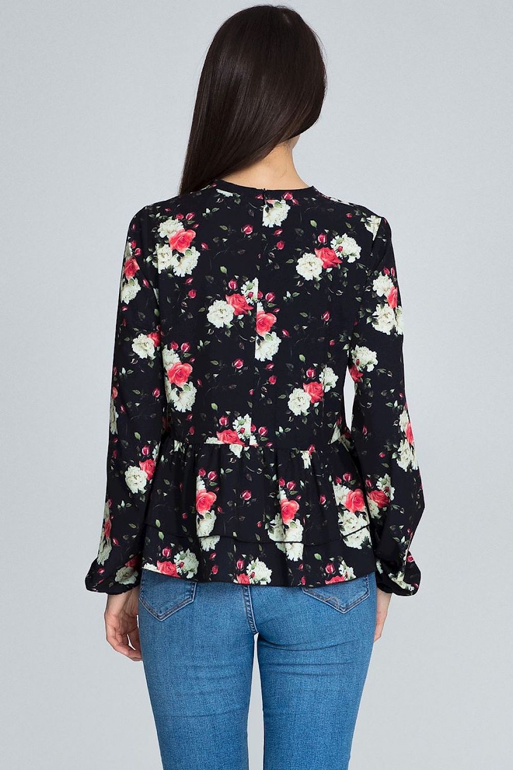 Floral Loose-Fit Blouse with Ruffled Sleeves & Stand-Up Collar – Perfect for Trousers or Skirts