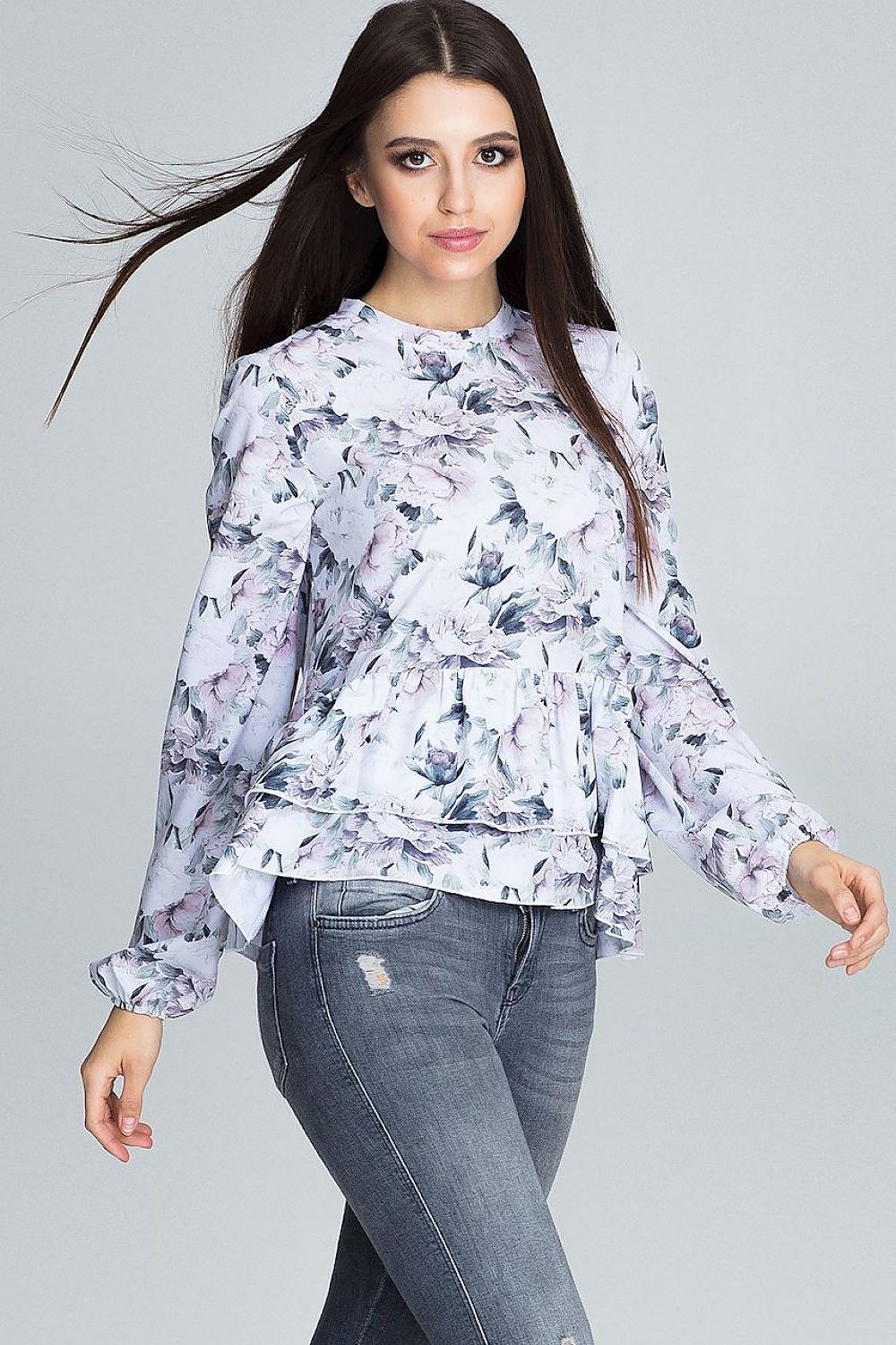 Floral Loose-Fit Blouse with Ruffled Sleeves & Stand-Up Collar – Perfect for Trousers or Skirts