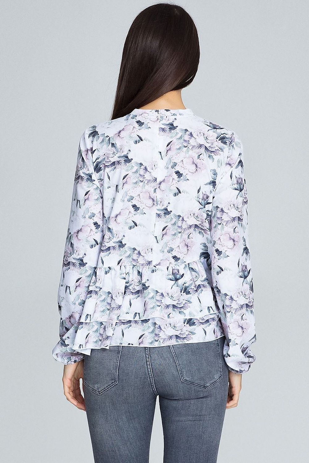 Floral Loose-Fit Blouse with Ruffled Sleeves & Stand-Up Collar – Perfect for Trousers or Skirts