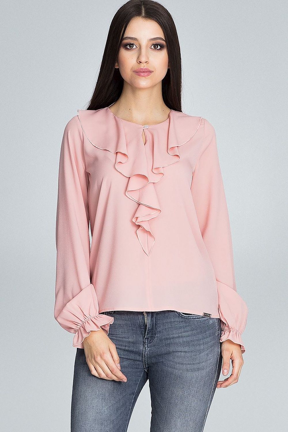 Stylish Blouse with Jabot & Delicate Button – Ruffled Sleeves for Feminine Elegance