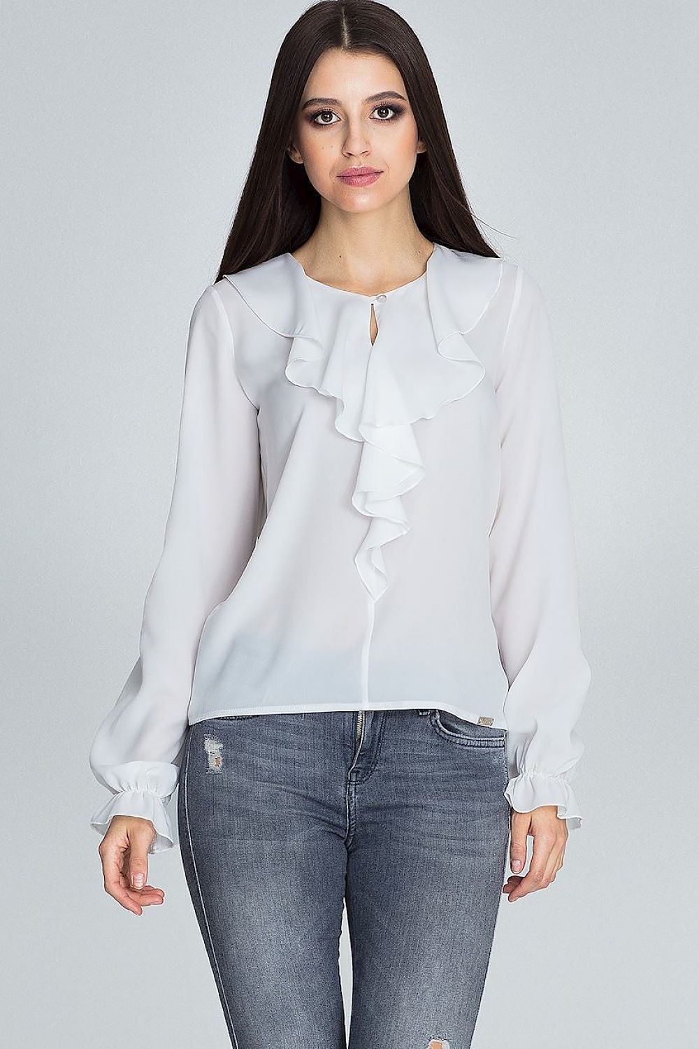 Stylish Blouse with Jabot & Delicate Button – Ruffled Sleeves for Feminine Elegance