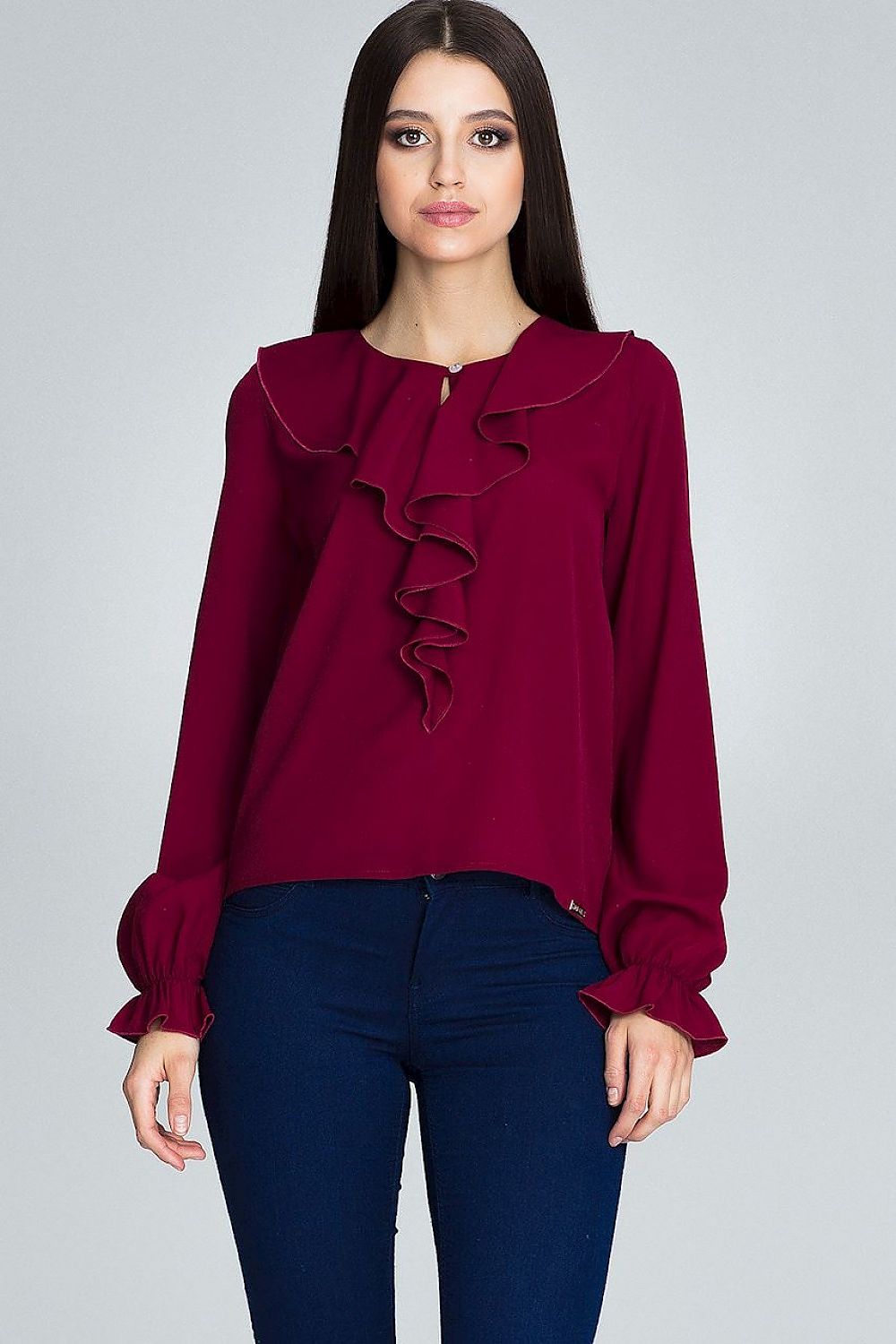 Stylish Blouse with Jabot & Delicate Button – Ruffled Sleeves for Feminine Elegance