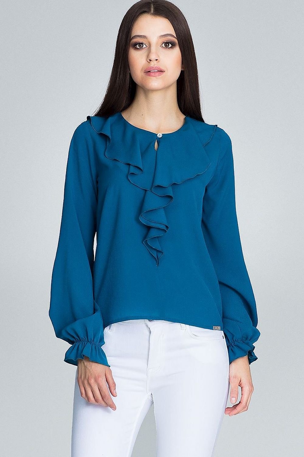 Stylish Blouse with Jabot & Delicate Button – Ruffled Sleeves for Feminine Elegance