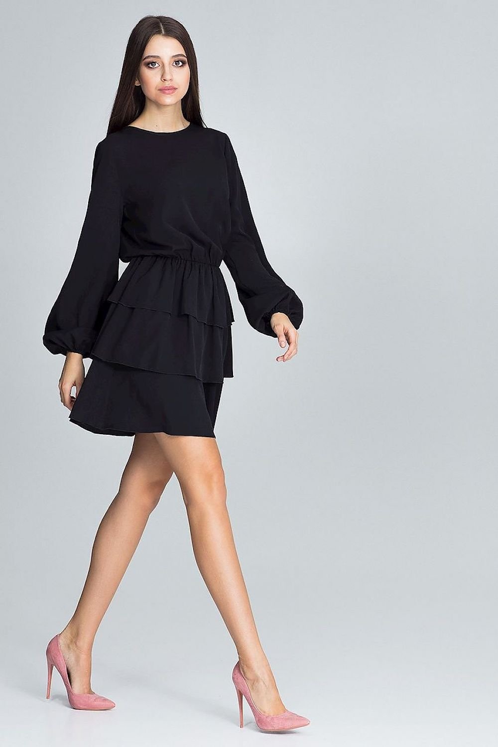 Long-Sleeved Dress with Waist Crease & Ruffles – Flattering and Feminine Statement Piece